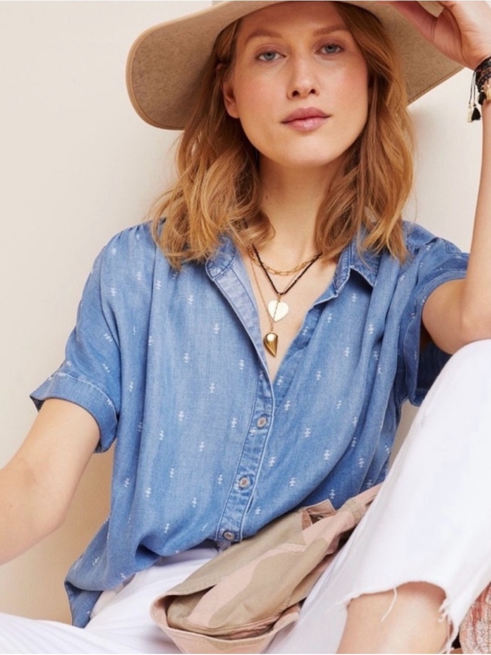 Cloth & Stone Anthropologie Light Blue Short-Sleeve Denim Shirt size 1X